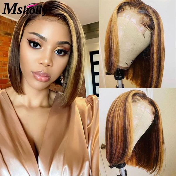 

lace wigs 4/27 short bob straight front wig colored glueless human hair brazilian highlight brown for black women, Black;brown