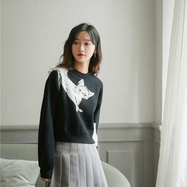 

women's knits & tees black cat cartoon sweater and pullovers winter knitted women casual jumper fashion clothing vmk2, White