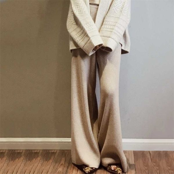 

women pants spring soft waxy comfortable high-waist cashmere knitted female pure color wide leg casual 211115, Black;white