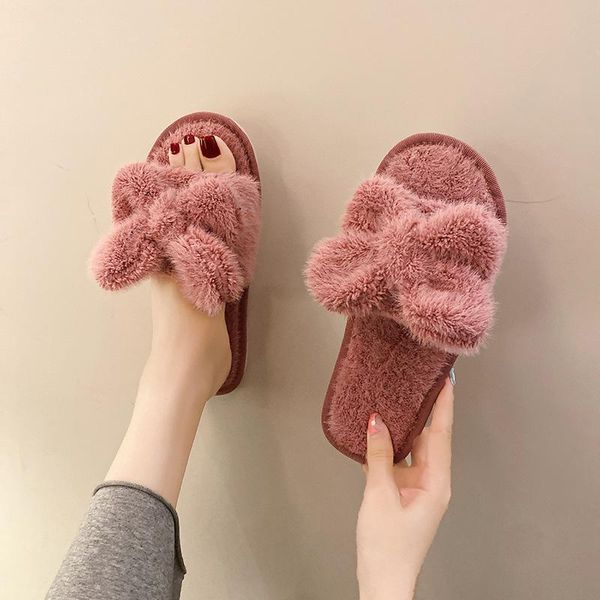 

slippers cute cartoon plush autumn and winter open-toed home bowknot cotton, Black