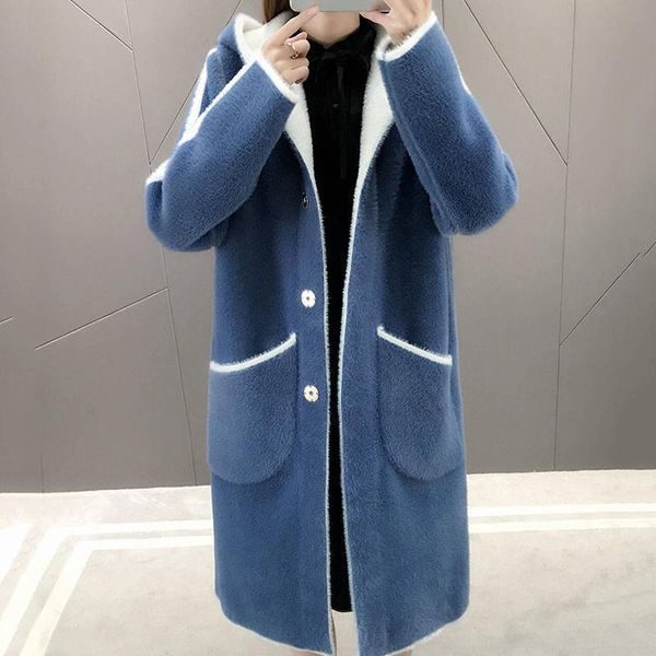 

2021 new autumn winter women fashion casual sweaters double faced faux mink cashmere long cardigan jacket chic warm knitted coat r15bvqg, White;black