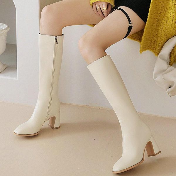 

boots 2021 ladies round toe shoes pure color microfiber zipper knee female high heel spring autumn women's, Black