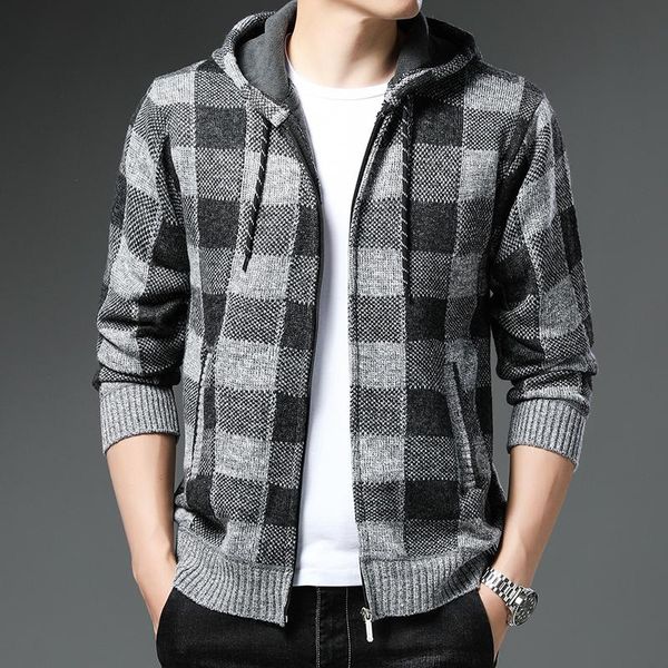 

men's sweaters plaid hooded sweater autumn/winter loose trend coat with cashmere and thick knit cardigan fashion brand wear, White;black