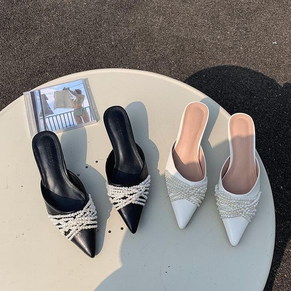 

pointed toe fashion ladies lazy slippers shallow slip on mules shoes thin low heels black/white pearl chain design summer slides