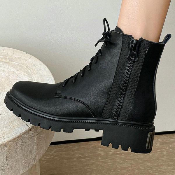 

boots genuine leather women's ankle motorcycle vintage retro side zipper chunky high heels winter shoes woman size 41 42, Black