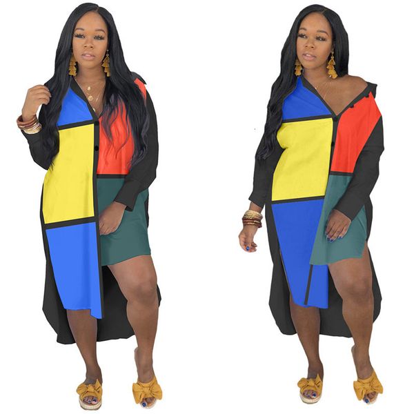 

2021 new shirt patchwork color office women irregular midi casual street vestidos de mujer wholesale dropshpping bp0i, Black;gray