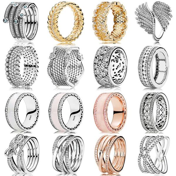 

cluster rings pdb jz 11 original brand 100% 925 sterling silver ring engraved logo honeycomb wavy hollow love entwined bow glare multi-ring, Golden;silver
