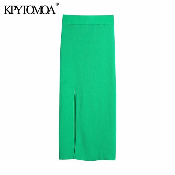 

kpytomoa women chic fashion front slit ribbed knit midi skirt vintage high elastic waist female skirts mujer 210724, Black