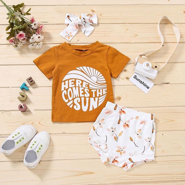 

clothing sets 3pcs/set summer toddler kids baby girls set t-shirt letter floral shorts headbands outfits born infant girl clothes, White