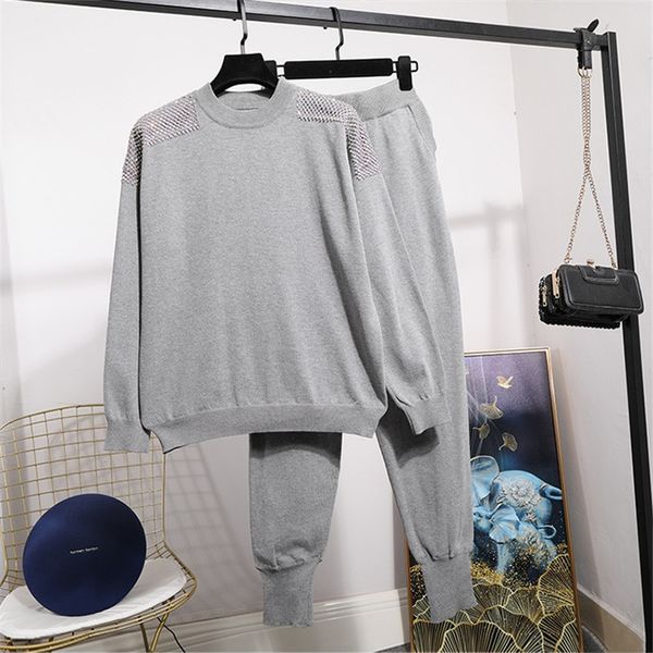 

pink black knitted tracksuit women set shoulder diamond sweater pants female two piece outfits knitting pullover trousers 2pcs fv5w, Blue