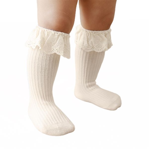 

toddler baby girls lace stocking solid color medium tube boneless glue non-slip floor hosiery eyelet turn cuff ruffle stockings, Blue