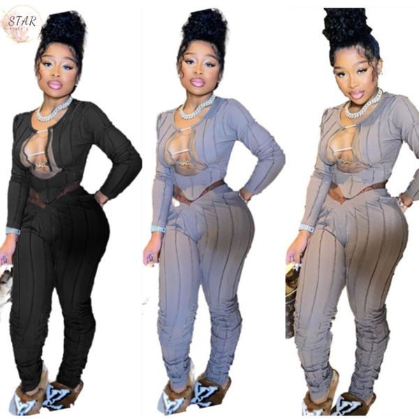 

new club outfits for women 2021 two piece stretch v neck crop leggings pants ribbed matching set wholesale dropshipping blh0, Gray