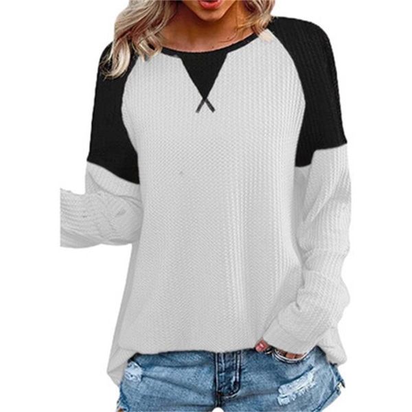 

women's t-shirt women clothing autumn 2021 casual loose t-shirts splice o-neck long sleeve female fashion cotton streetwear, White