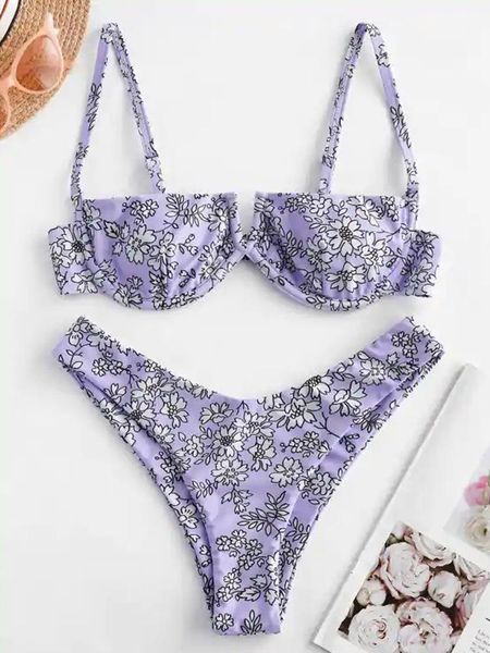 

women's swimwear high cut bikini 2021 women purple floral print underwire swimsuit brazilian summer bathers bathing suit thong micro, White;black