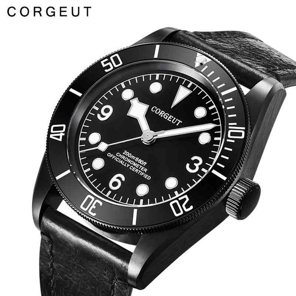 

corgeut luxury brand men automatic miyota 8215 watch sapphire glass pvd case military sport swim clock leather wrist watches, Silver