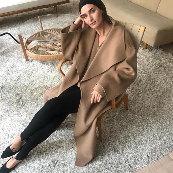 

women's wool & blends double faced tweed coat mid length cashmere 9 / 4 sleeve hepburn in autumn and winter 2021, Black