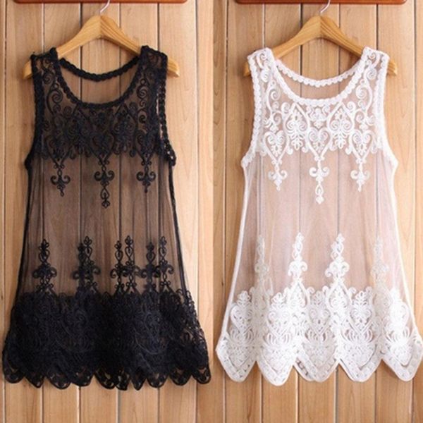 

summer beach match plus women mesh lace blouses shirts embroidered flowers sleeveless perspective tank s 6xl, White