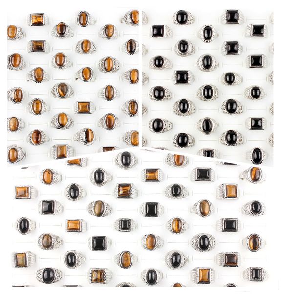 

wholesale lots 25pcs rings band charms mens mix style tiger eye black stone silver plated finger women