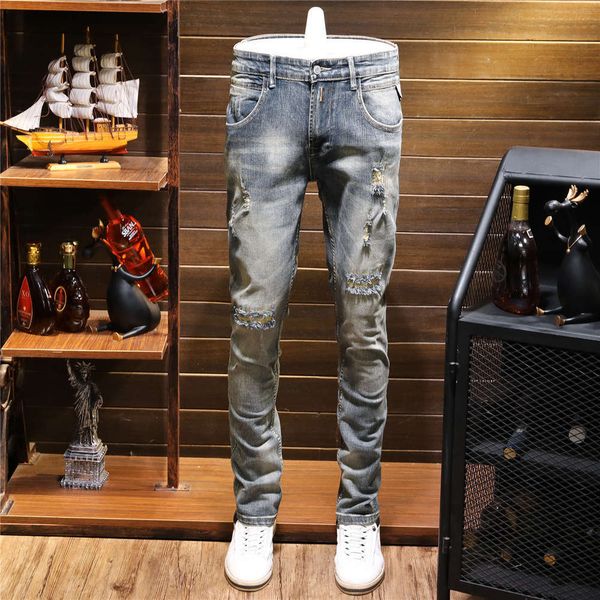 

men's slim fitting small feet fashion youth long pants nostalgic elastic patchwinter, Blue