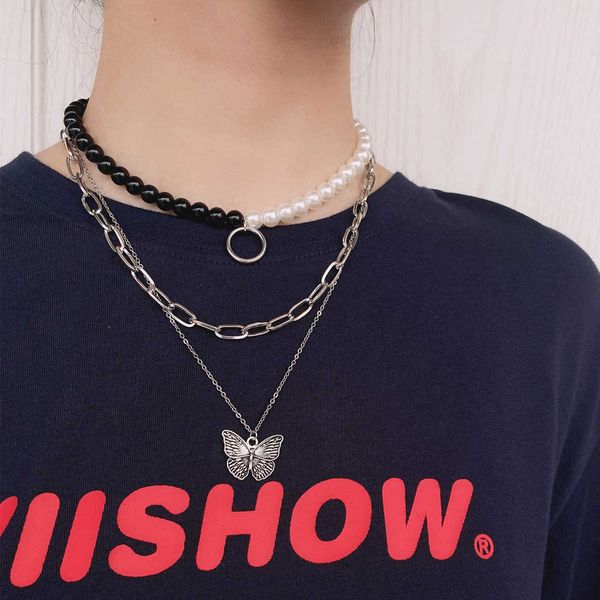 

jewelry fashion simple multilayer pearl butterfly pendant alloy necklace female, Silver
