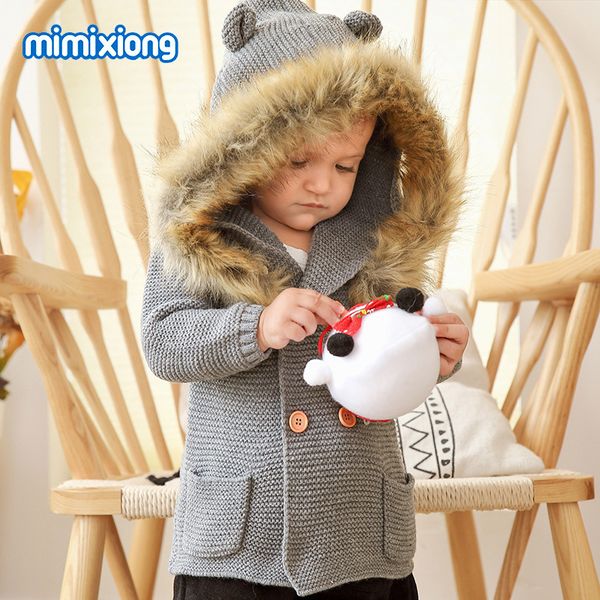 

factory wholesale boys' hooded wool collar knitted coat, White