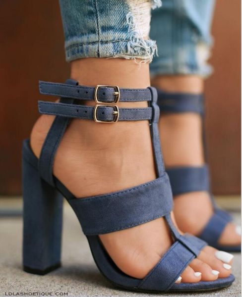 

summer women sandals square heel 11cm navy female high heels women shoes woman sandals ankle strap heels, Black