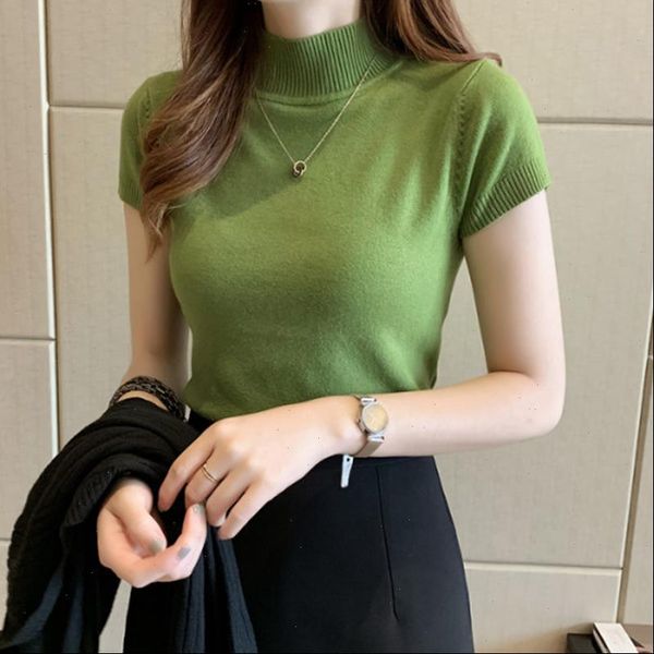 

2021 turtleneck summer short sleeve korean sweater knitted pullover women sweaters `basic thin pull femme jumper, White;black