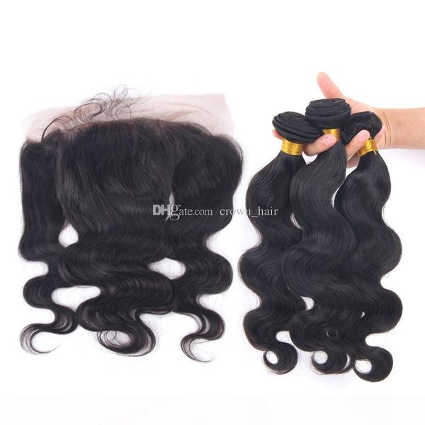 

body wave human hair bundles with frontal ear to ear lace frontal with bundles 4pcs lot middle three part, Black