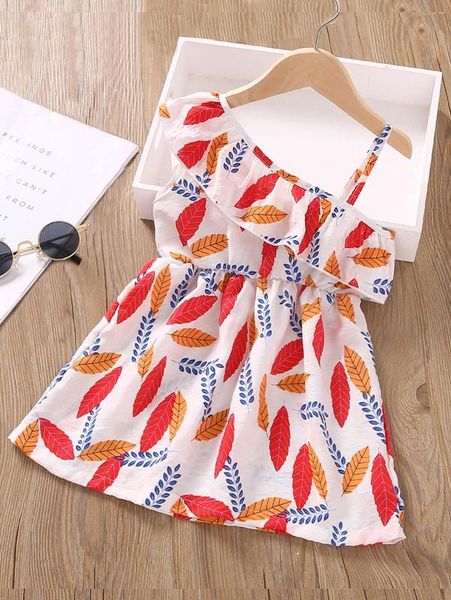 

toddler girls asymmetrical neck plants print dress she, Red;yellow