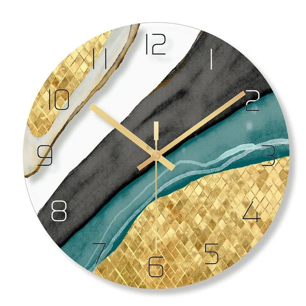 

marble printing wall clocks silent quartz circular glass hanging clock modern design multi-colored home decor