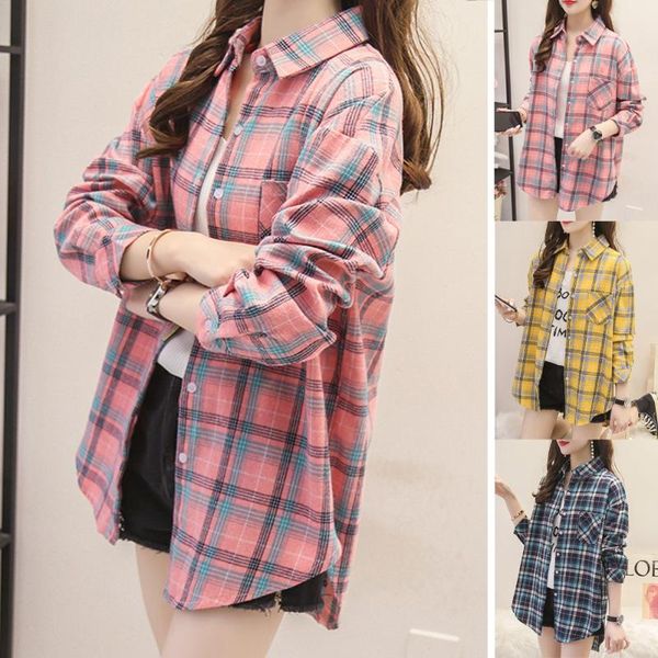 

women's blouses & shirts women casual plaid long sleeve shirt ladies collared button comfortable gd, White