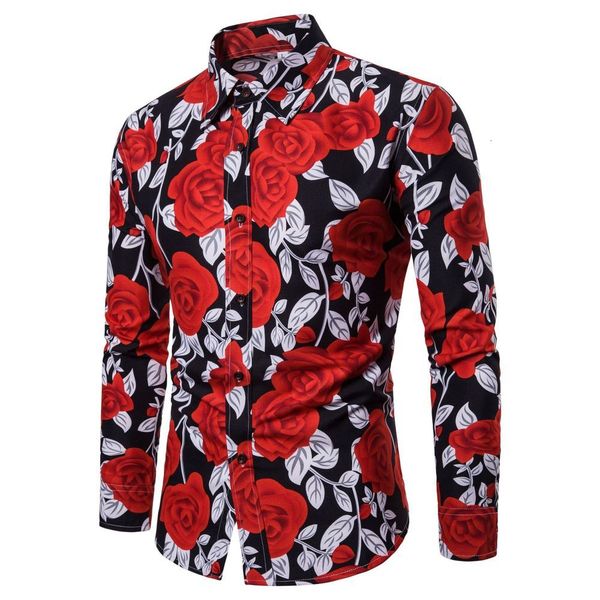 

men's shirts fashion long sleeve floral rose print shirt male slim fit shirts male casual hawaiian ou code shirt, White;black