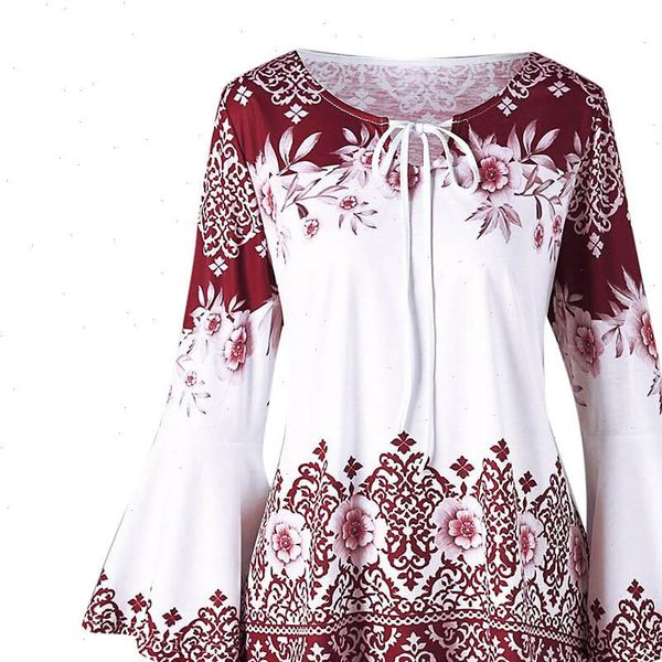

womens tunic blouse 2021 fashion womens plus size printed flare sleeve blouses keyhole shirts blusa 2021, White