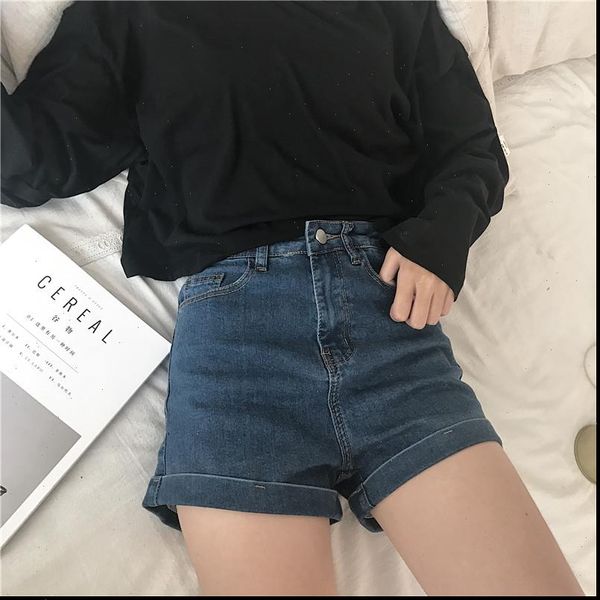

womens casual roll up distressed denim shorts elastic waist stretchy hemming jeans shorts loose button high waisted shorts, White;black
