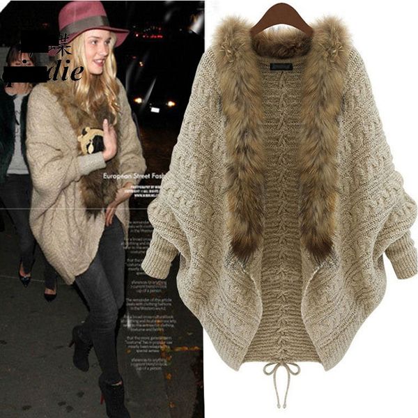 

womens sweaters wholesale autumn winter women sweater wool cardigans sweater shawls big wraps bat sleeve knit cardigan fur shawl collar ponc, White;black