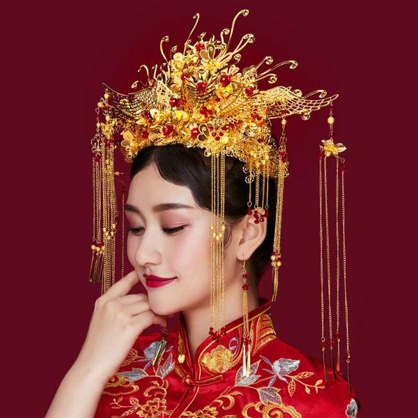 Orecchini Collana 1 Set Stile cinese Hanfu Phoenix Coronet Accessori Orecchino Nappa Retro Wo Take Bridal Toast Abbigliamento Copricapo Capelli