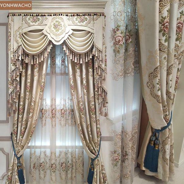 

custom curtain european luxury jacquard high precision embossed beige thick cloth blackout curtain valance tulle panel c512
