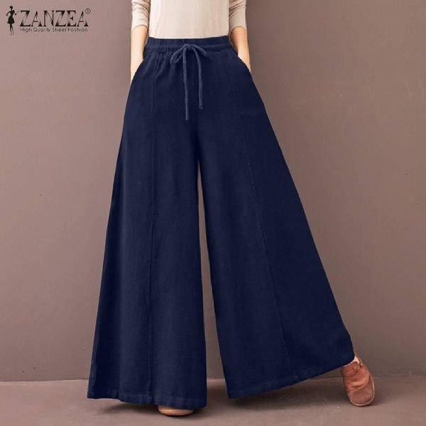

women's pants & capris zanzea women spring trousers vintage high waist solid casual wide leg fashion loose flare palazzo oversized long, Black;white