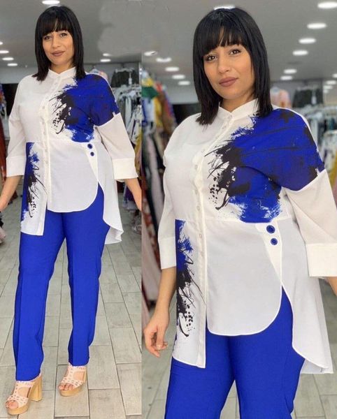 

women printed two piece suit white shirts with pants lady fashion irregular split casual suits afican autumn plus size xxl, Gray