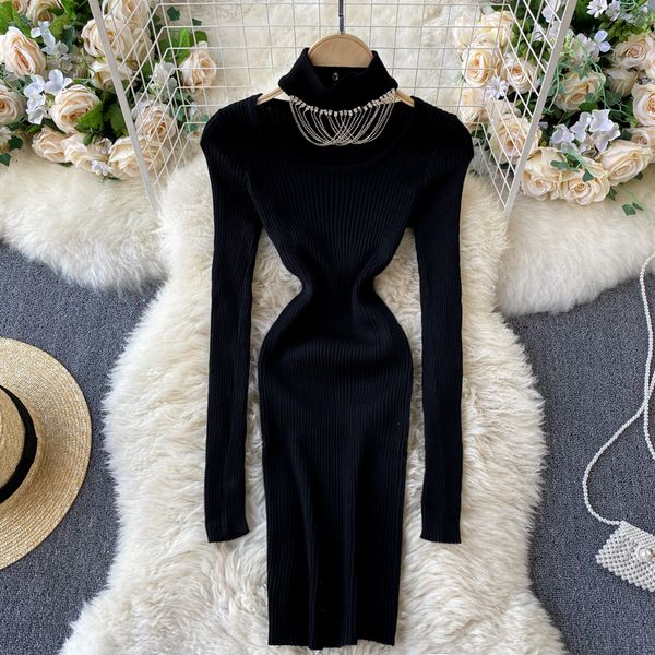 

y women design knitted short dress fashion retro elastic slim pencil dress autumn winter warm bodycon mini sweater dress, Black;gray