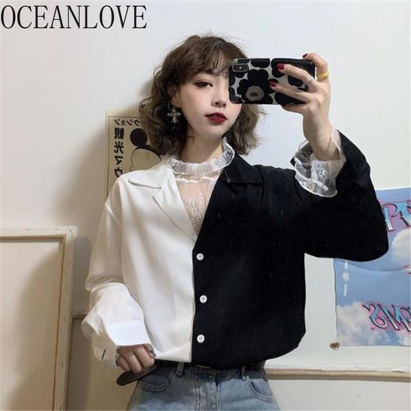

oceanlove spring shirts women contrast color patchwork blouses turn-down collar vintage blusas 2021 korean fashion 16355, White