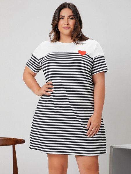 

plus heart embroidery striped print dress i6kv#, Black