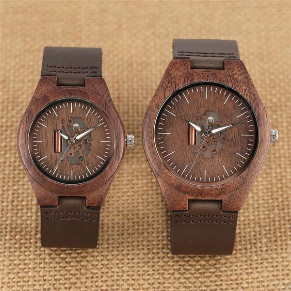 

wristwatches wooden couple watch quartz leather band handmade walnut wood watches hollow dial valentine's day lover gift reloj para par, Slivery;brown