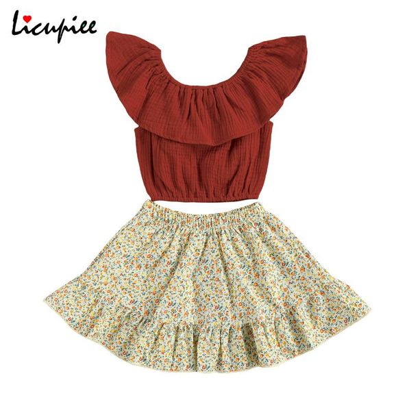 

clothing sets 2-7 years baby girl set 2pcs toddler girls summer outfits, sleeveless solid color ruffle crop + floral skirt, White