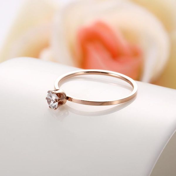 

wedding rings yikln titanium steel 6 prong setting cubic zirconia crystal ring classic rose gold engagement for women yr19164, Slivery;golden