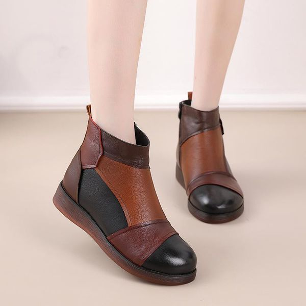 

boots patchwork women 2021 winter footwear shoes genuine leather zipper round toe flat heels handmade ankle platform, Black