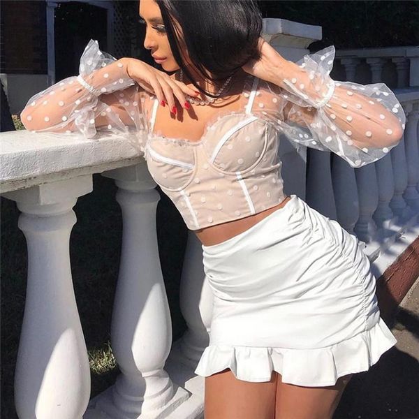 

women's blouses & shirts women ol tulle lace long sleeve slim dots print spliced shirt spring summer crop streetwear female, White