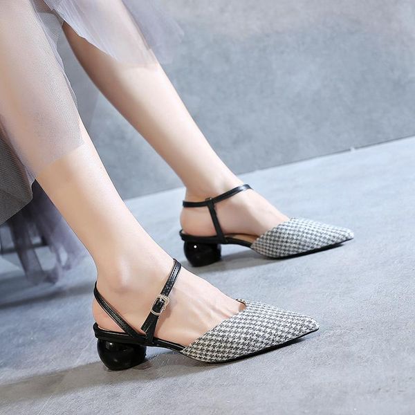 

dress shoes round ball slingbacks women pointed toe sandals summer elegant lattice cloth pumps chunky heel 2021, Black