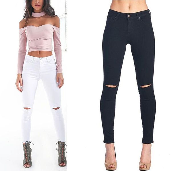 

women's pants & capris nuojin casual girls high waist elastic pencil for women knee hole streetwear trousers plus size xxl slim, Black;white