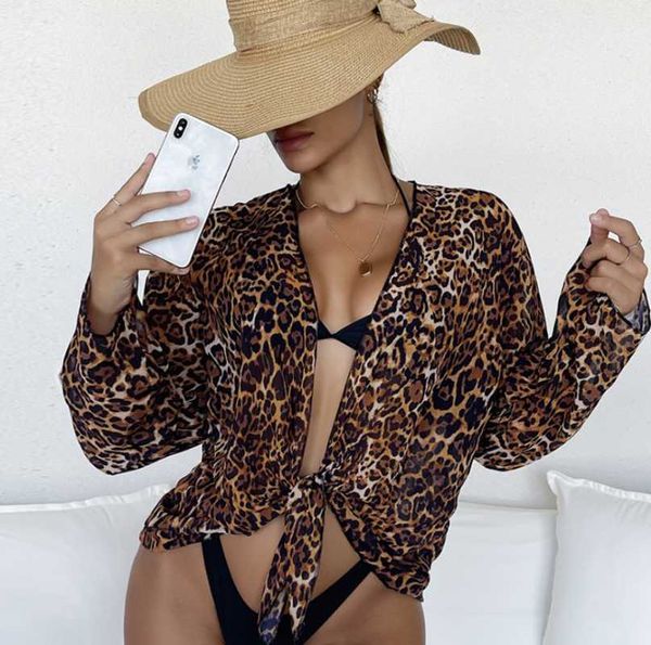 

women's swimwear 2021 beach outerwear leopard print chiffon fabric long sleeve sunscreen, White;black